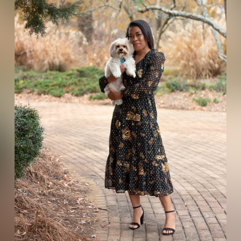 EXPRESS | BLACK METALLIC FLORAL EMBROIDERED TIERED TIE NECK MIDI DRESS XL - Picture 2 of 15